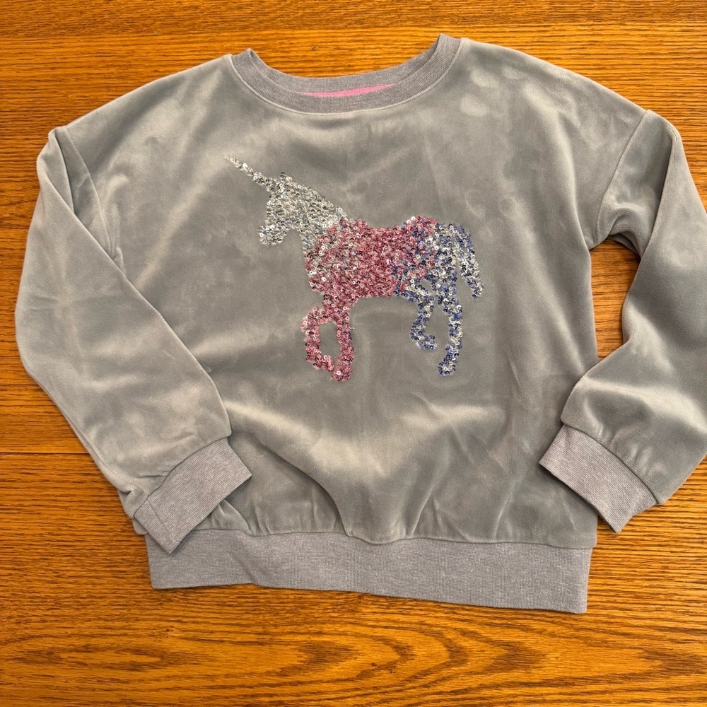 Kids Unicorn Sweatshirt Grey Velour with Purple & Pink Sequins Size 4/5